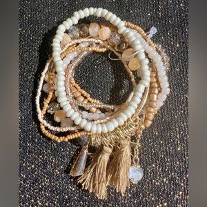 NEW Set of 9 Stretchy Bracelets - Beads, Stars, Tassels, Baubles - Earth Tones